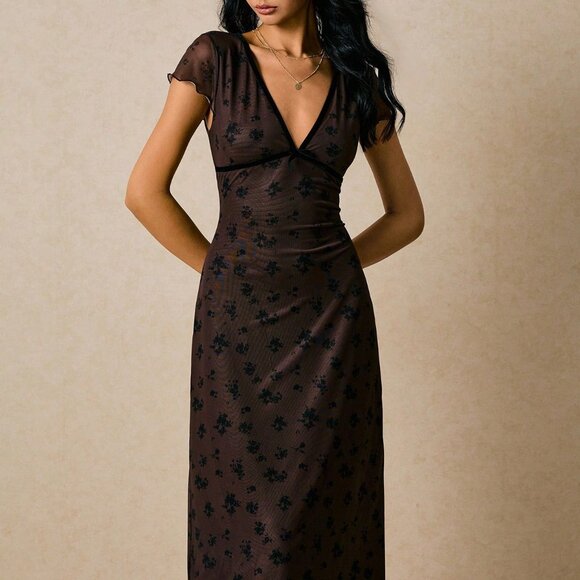 Brown Elegant Women's Floral Print Mesh Midi Dress - Picture 3 of 7